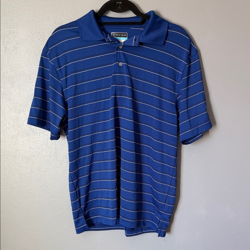 PGA Tour Men's Blue Striped Airflux Polo Shirt Medium Short Sleeve